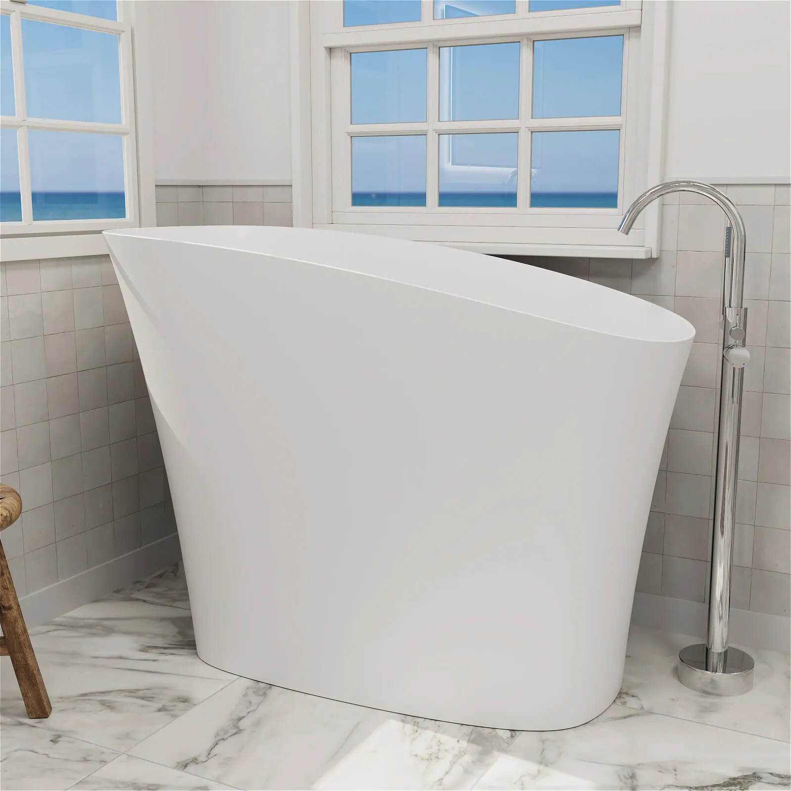 47" Single Slipper Freestanding Japanese Soaking Bathtub Solid Surface Stone Resin Tub with Built-in Seat