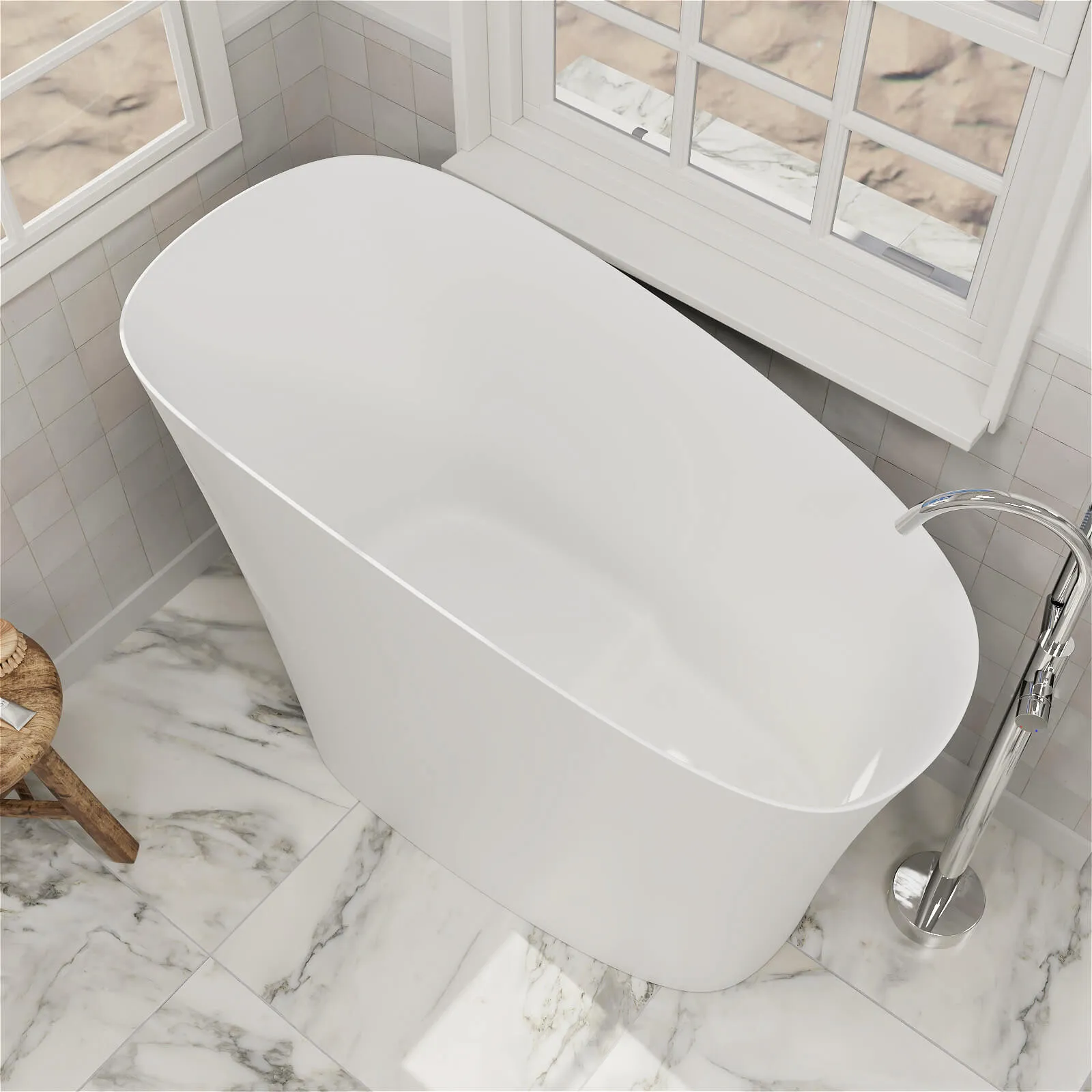 47" Single Slipper Freestanding Japanese Soaking Bathtub Solid Surface Stone Resin Tub with Built-in Seat