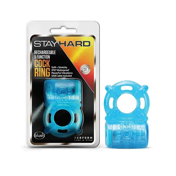 Blush Stay Hard Rechargeable 5 Function Vibrating Cockring Blue