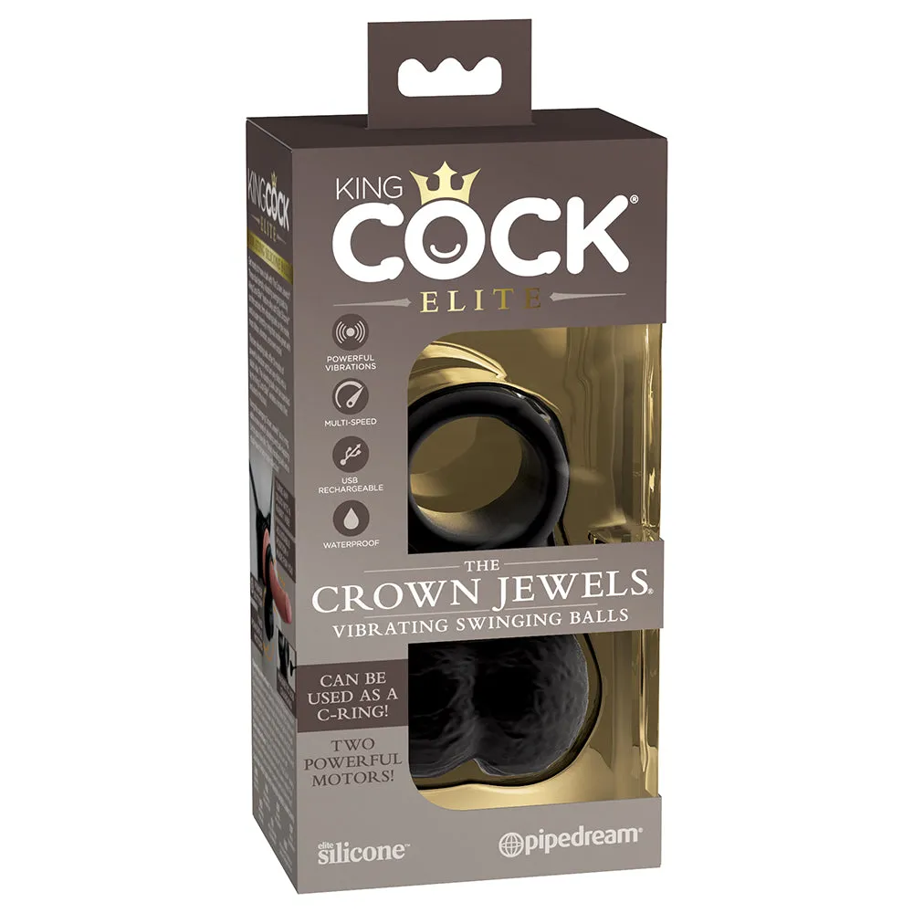 King Cock Elite The Crown Jewels Vibrating Swinging Balls Rechargeable Cockring Black