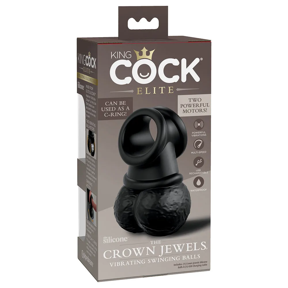 King Cock Elite The Crown Jewels Vibrating Swinging Balls Rechargeable Cockring Black