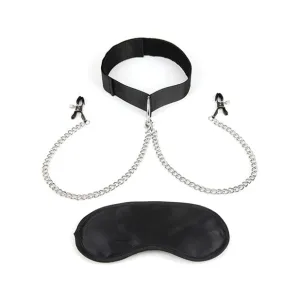 Lux Fetish - Collar and Nipple Clamps with Adjustable Pressure Clam (Black)