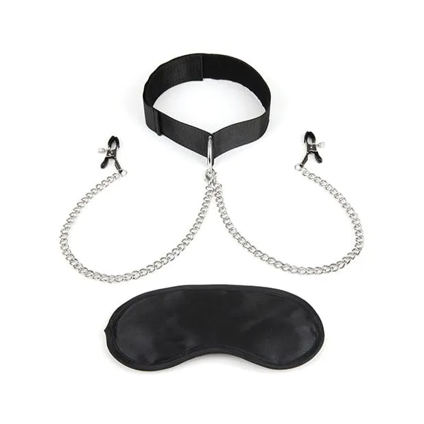 Lux Fetish - Collar and Nipple Clamps with Adjustable Pressure Clam (Black)