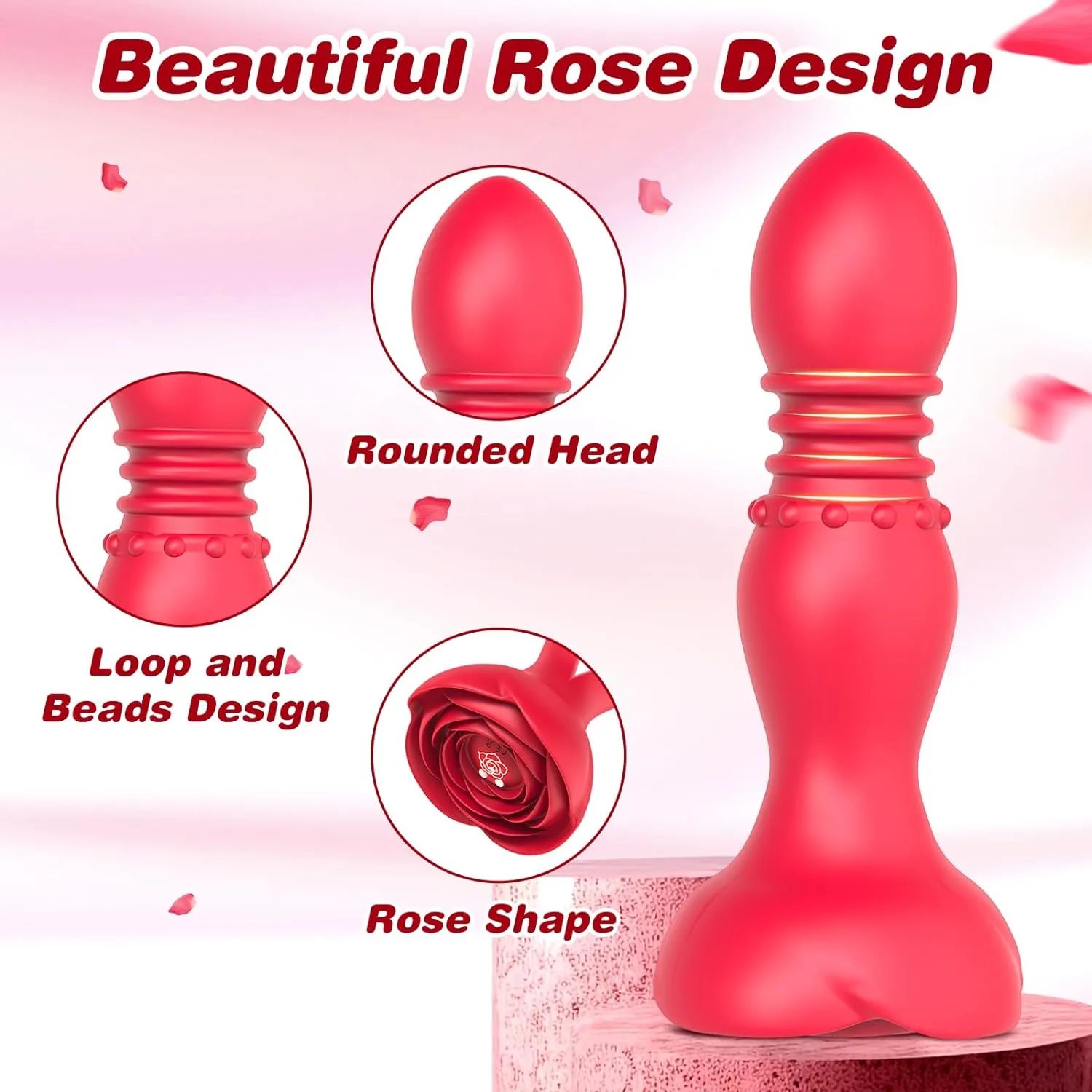 Rose Base Design Thrusting Anal Plug Vibrator