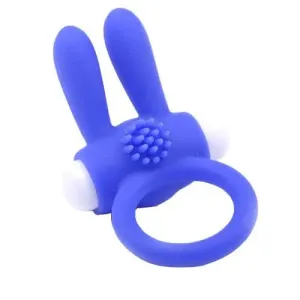 Stretchy Silicone Blue Vibrating Cock Ring with Rabbit Ears