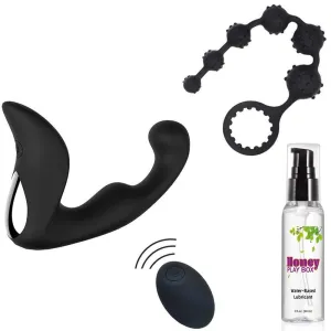 The Anal Trio Bundle, Premium Prostate Massager w/ Remote   Anal Beads   2 oz Lube, Portable & Waterproof